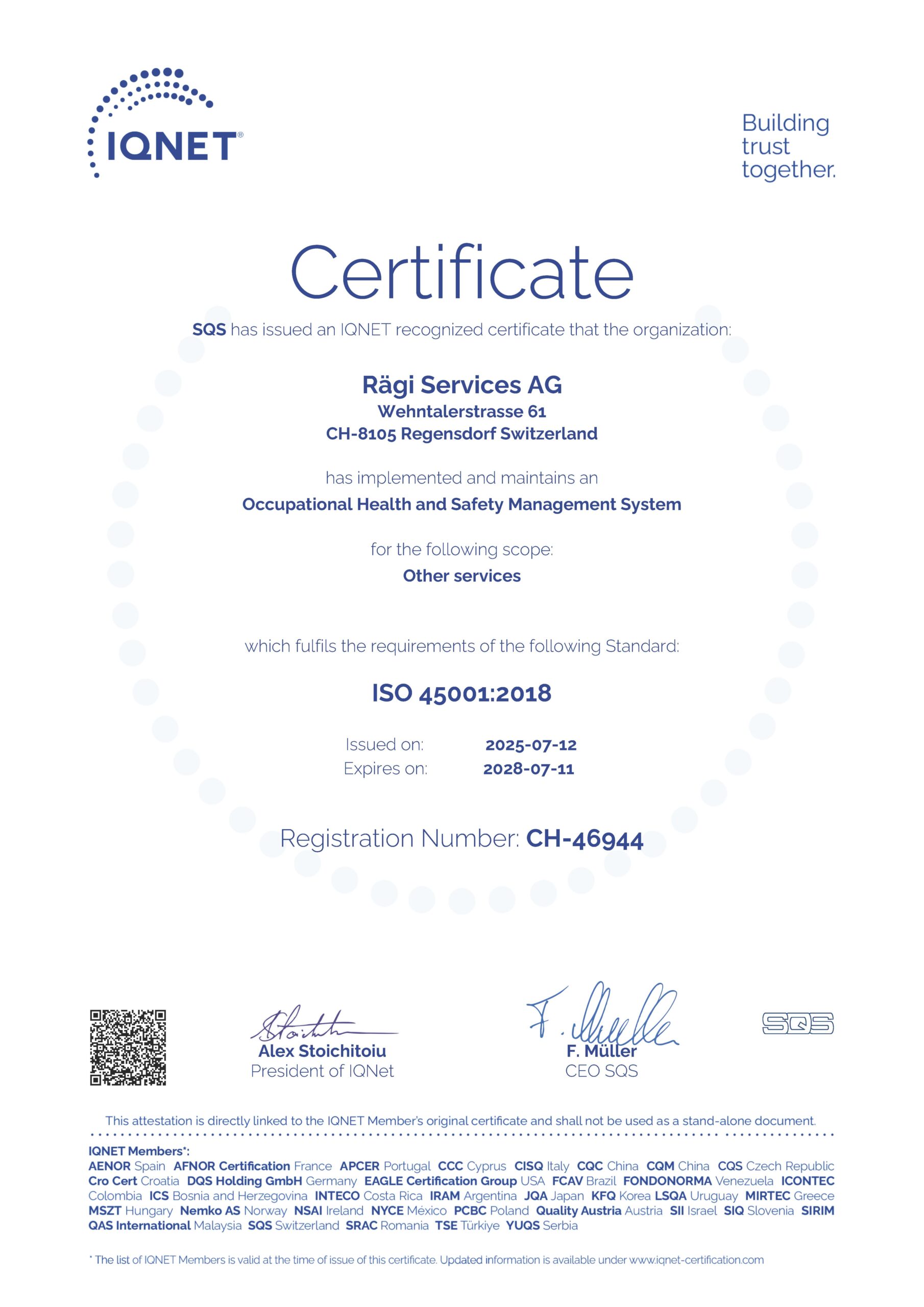 Certificate ISO 45001:2018 Occupational Health and Safety Management System